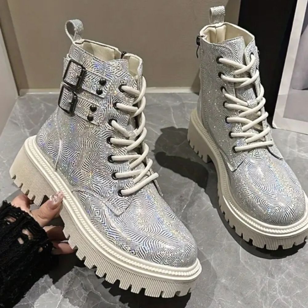 Ladies Silvery Platform Combat Boots Size 8.5